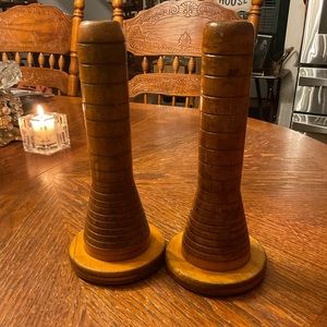 Antique Textile Mill Wool Bobbin Wooden Spindle Spool Candle Holders!